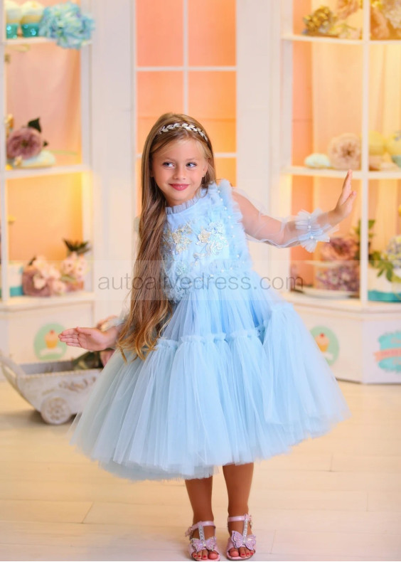 Beaded Baby Blue Lace Tulle Tea Length Flower Girl Dress